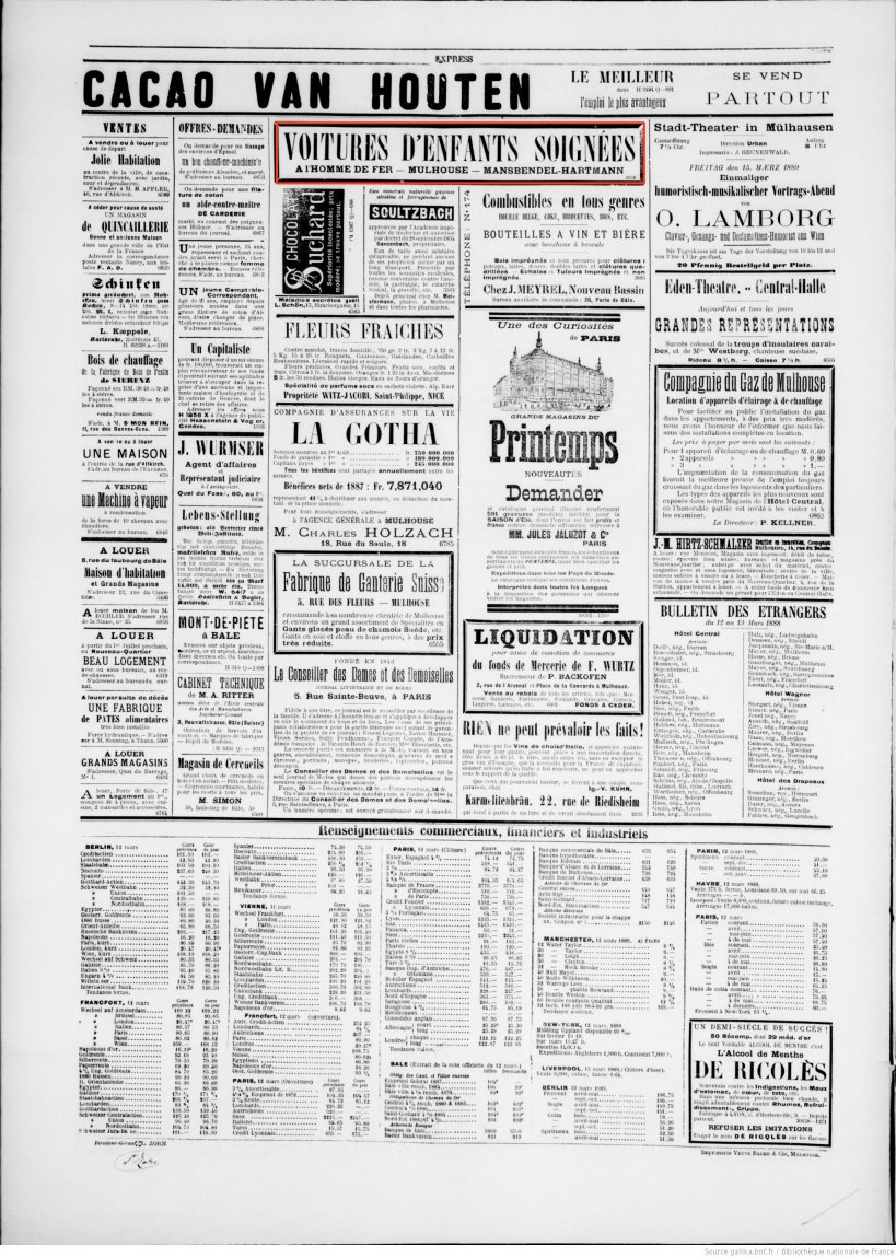 Journal L'Express de Mulhouse du 13 mars 1889 (p.4) : voitures d'enfants soignées.